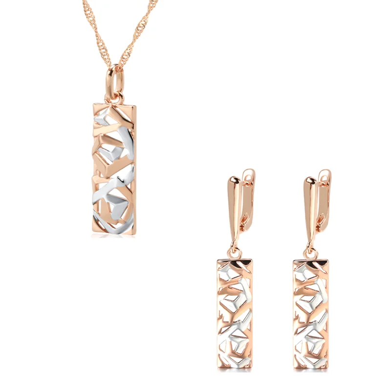 Wbmqda New Fashion Square Hollow Long Dangle Earrings Necklace For Women 585 Rose Gold Silver Color Mix Daily Fine Jewelry Sets