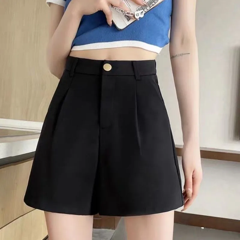 Summer Black Suit Shorts for Women Solid All-Match Casual Button Zipper A-Line Shorts Fashion Office Lady Commute Short Pants