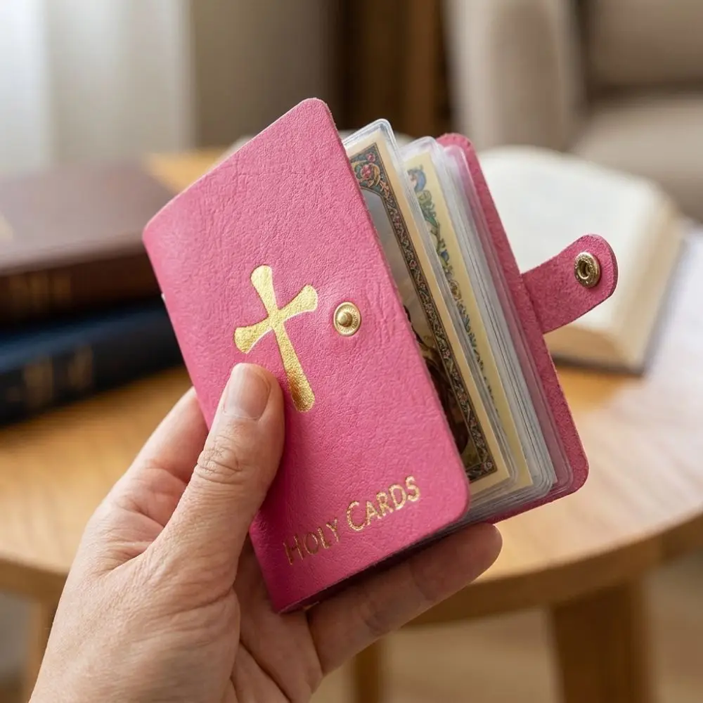 PU Leather Prayer Card Holder Compact Waterproof Holy Card Booklet Snap Closure Wear-resistant Mini Saints Cards Wallet