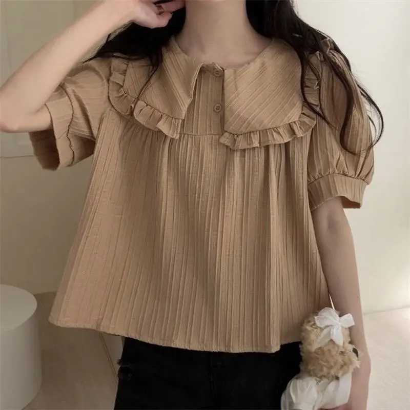 

Japanese Lolita Blouses Women Cute Ruffles Peter Pan Collar Puff Sleeve JK Shirts Girls Vintage Kawaii Loose Inside Y2k Tops