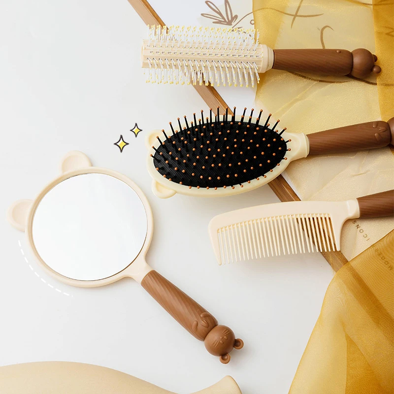 Makeup Mirror Hairbrush Set Head Massage Knotless Cute Beer Four-Piece Handheld Mirror Comb Set Home Supply