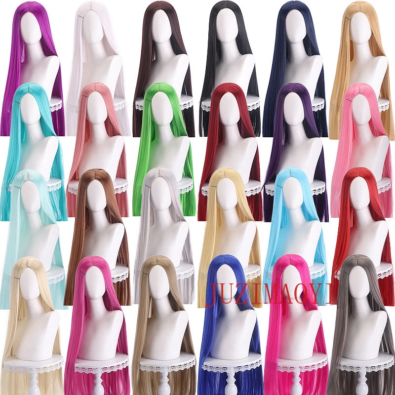 Long Straight Cosplay Wig 100cm Centre Parting Central Split Blond Pink Red Purple Heat Resistant Synthetic Hair Wigs+Wigg Cap
