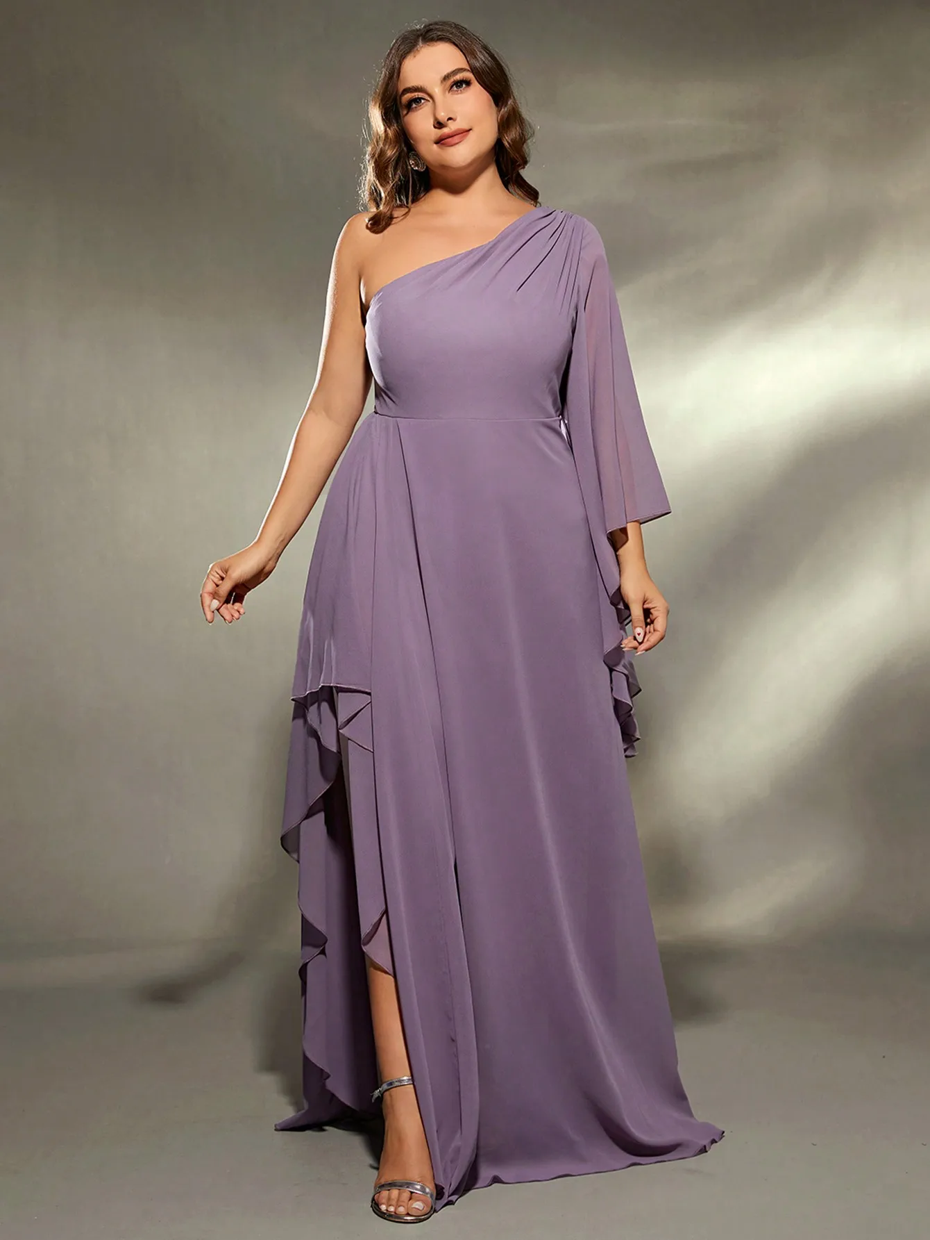 Mgiacy plus size One shoulder large long sleeve irregular lotus towel chiffon long dress Evening ball dress Party dress