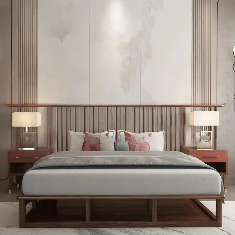 

Modern simple pure soli d wo od doub le be d w rdrobe combinati n villa hotel be droom walnut full set