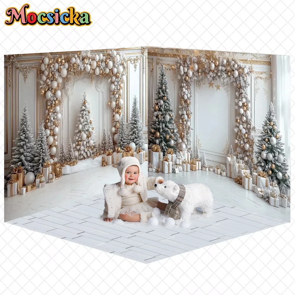

Mocsicka Christmas Backdrop Photography Room Xmas Tree Beige White Palace Wall Decorations Family Holiday Party Photo Background