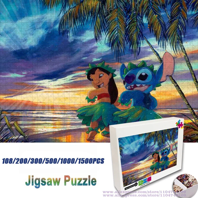 

Пазл Disney Anime Lilo & Stitch, 108/200/300/500/1000/1500 шт., интеллектуальные пазлы для детей, подарок на день рождения с коробкой