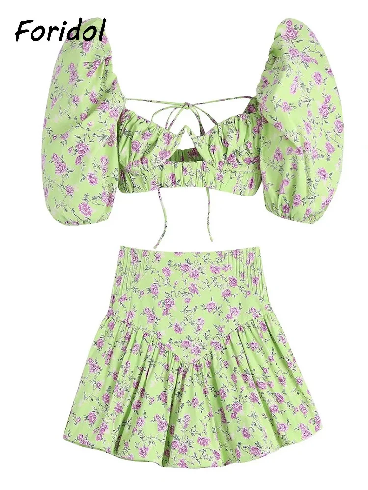 Fashion French Style Pink Flower Green Corset Dress Set Mini Summer Vintage Women Puff Sleeve Dress Sexy Short Dress Beach