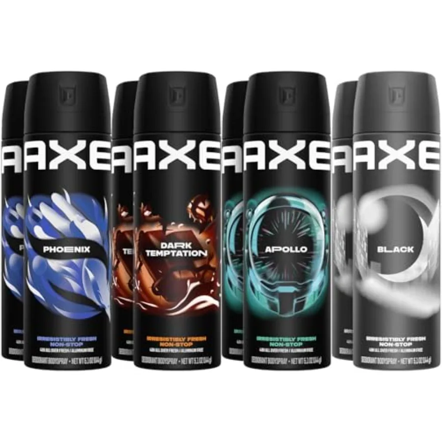 Desodorante Corporal en Aerosol AXE Sin Aluminio, Paquete de 8 Variedades XL: Dark Temptation, Black, Apollo, Phoenix, Protección Contra el Olor por 48 Horas, 5.1 Fl Oz Cada Uno