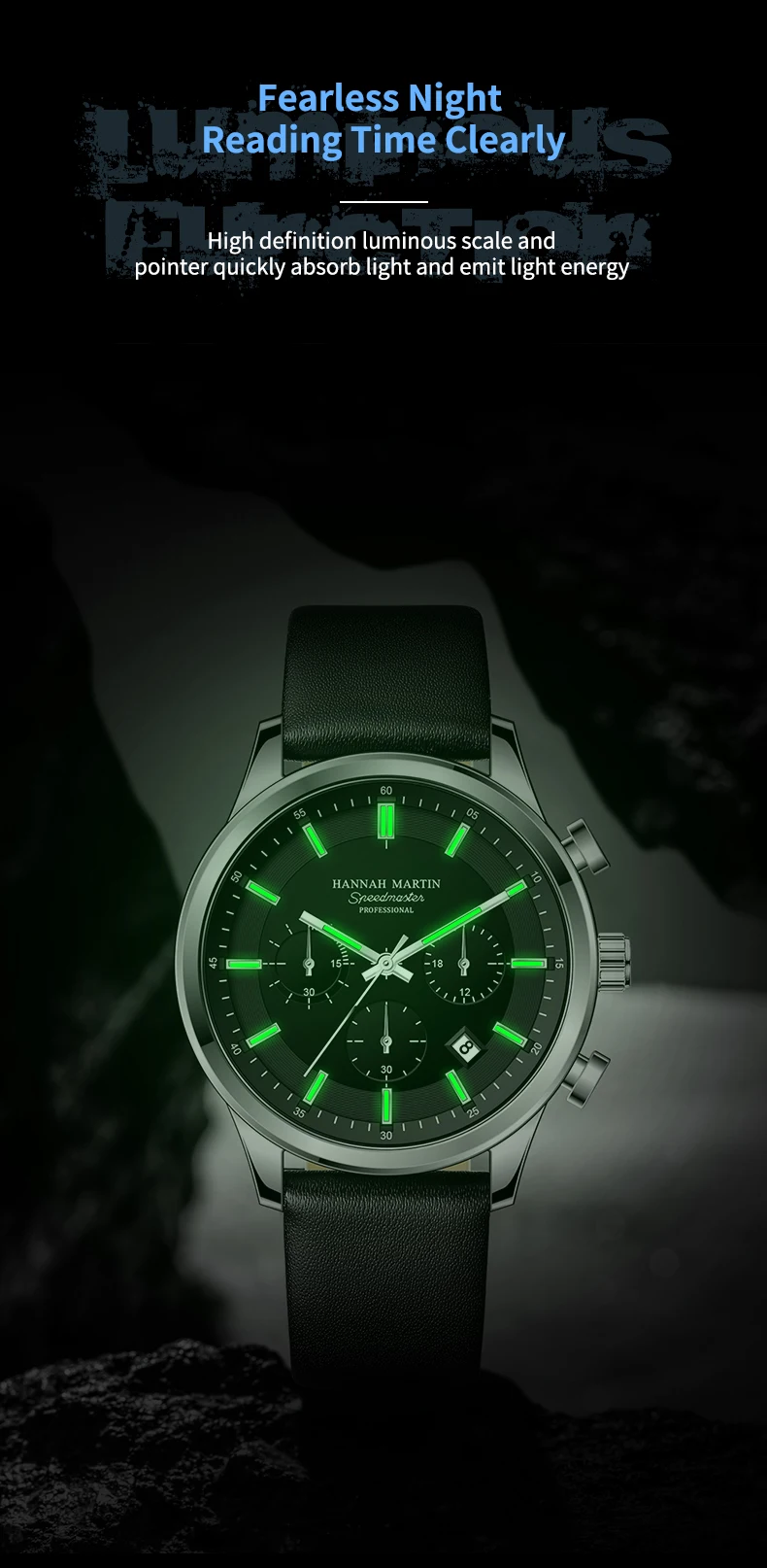 Hannah Martin Marke Herrenuhr Multifunktionales Timing-Zifferblatt Casual Sport Leder Original Quarzwerk Business-Armbanduhr für Herren – Detail 3