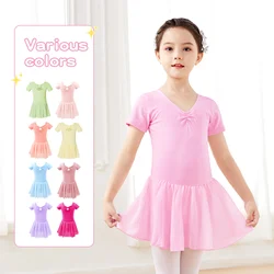 Ballet Dress Gymnastics Leotards for Girls Kids Short Sleeve Ballet Chiffon Skirted Leotards Bowknot Dancewear Ballet Bodysuits