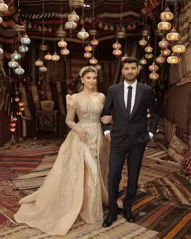 Abendkleider Champagne One Shoulder Long Evening Dress Formal Gown 2024 Dubai Arabic Celebrity Dresses Glitter Prom Party Dress