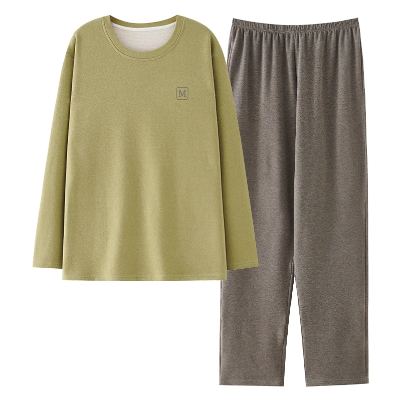 Men Pullover Pajamas Set Thin Fleece Male Long-sleeved Autumn Winter Pyjamas Loose Men Home Set Solid Sleepwear Tops + Pants 2PC