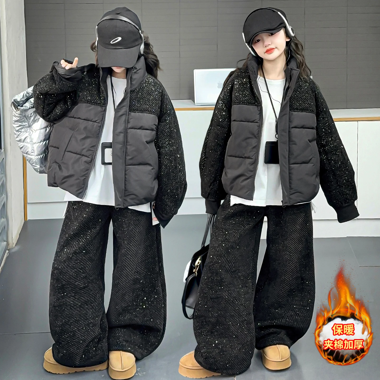

winter design teen girl warm shining sportswear clothes set jacket+wide leg pants 2p junior kid coat trousers suit child outfits