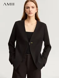 AMII Minimalist Blazers Jacket for Women 2023 Autumn New Loose Commuter Top V-neck Metal Buckle Tailored Coat Female 12343359