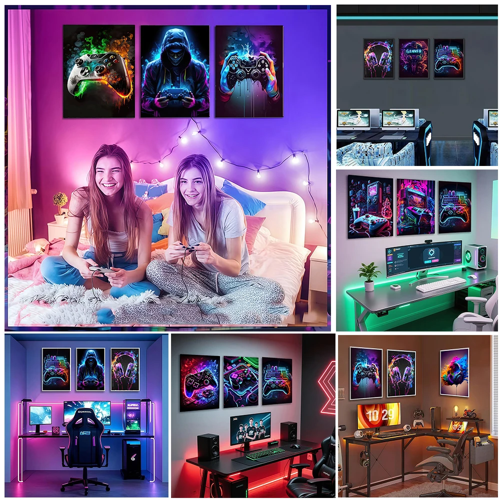 Watercolor Style Video Game Controller Print Poster Headphones and Computer Wall Art Decoration Mural Boys Gamer Room Home Decor