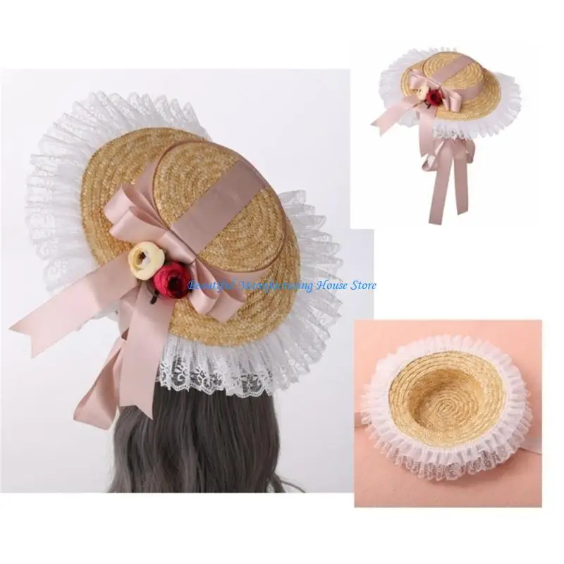 E56A Handmade SunHat Ruffled Lace Pastoral Tea Party for Lolita Women