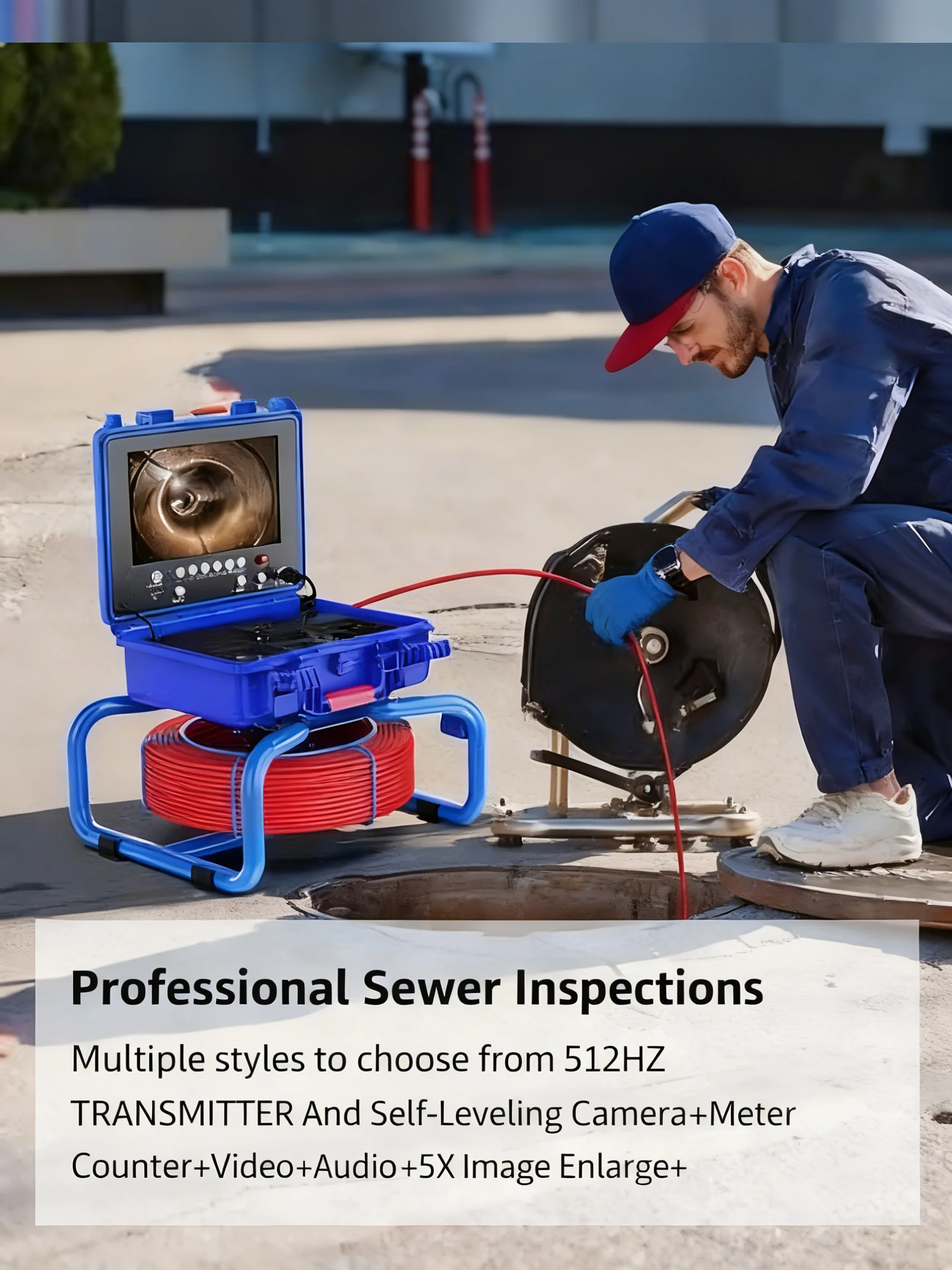 Caméra d'inspection des égouts - Caméra d'égout auto-nivelante 512 Hz, caméra endoscopique HD étanche IP68 avec 12 LED et batterie 4500 mAh