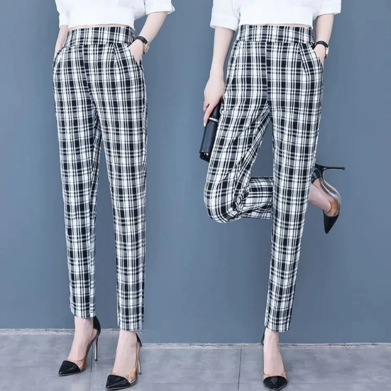 New Spring and Summer Women's Solid Colors High Waist Elastic Loose Plaid Straight Pants Fashion Casual Comfortable Trousers