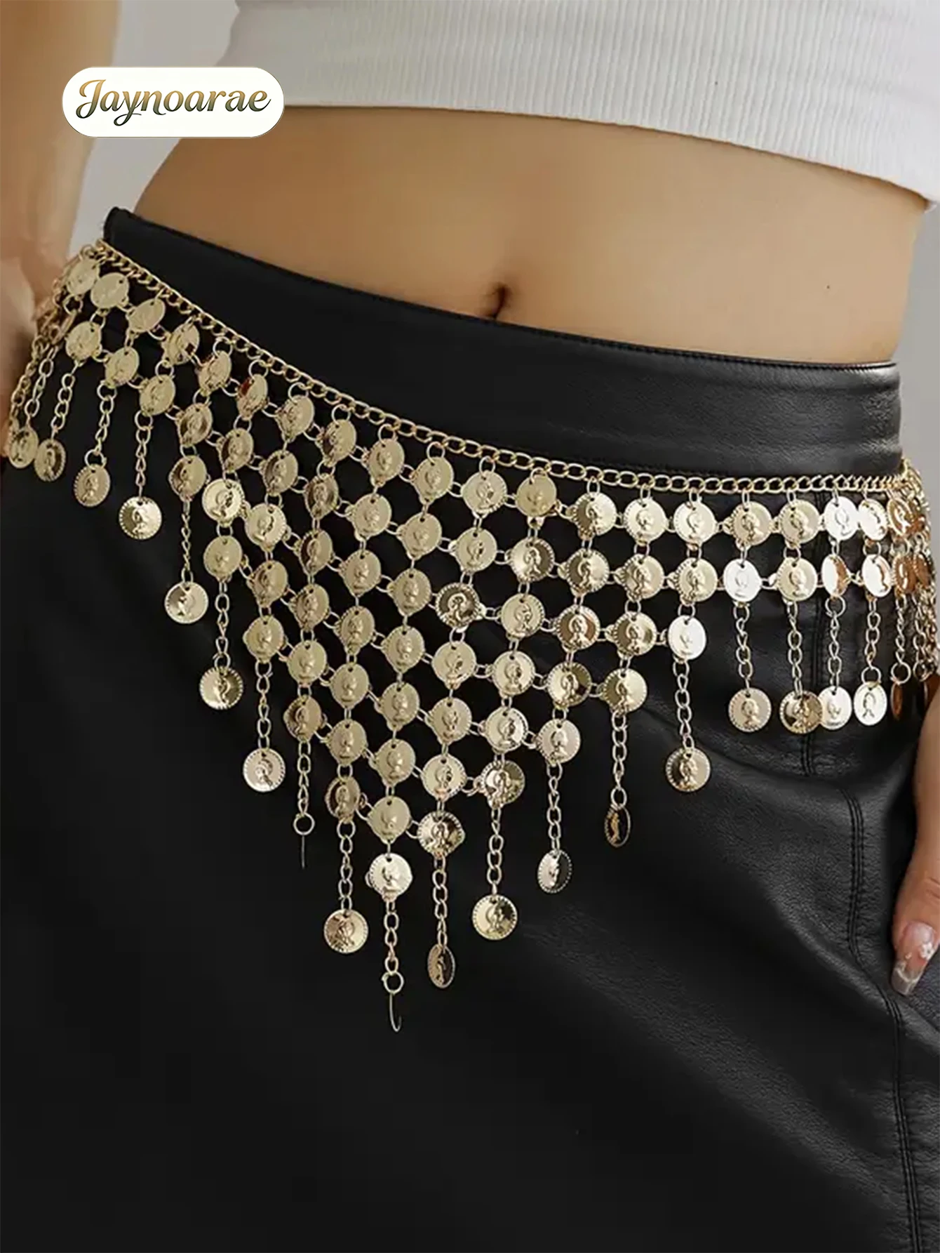 JAYNOARAE Boho Golden Coin Women's Belly Dance Gypsy Hip Skirt Scarf Wrap Belt for Cosplay Halloween Costume Accessory view 3