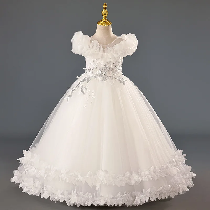 高級ガールズパーティードレス花刺繍結婚式の花嫁介添人白プリンセスドレス女の子ページェント Vestidos ピアノ Perforn ガウン