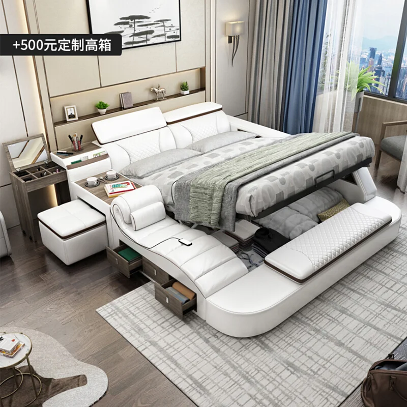 

Smart massage, tatami leather bed, master bedroom, multi-functional double bed, modern simple luxury wedding bed projector