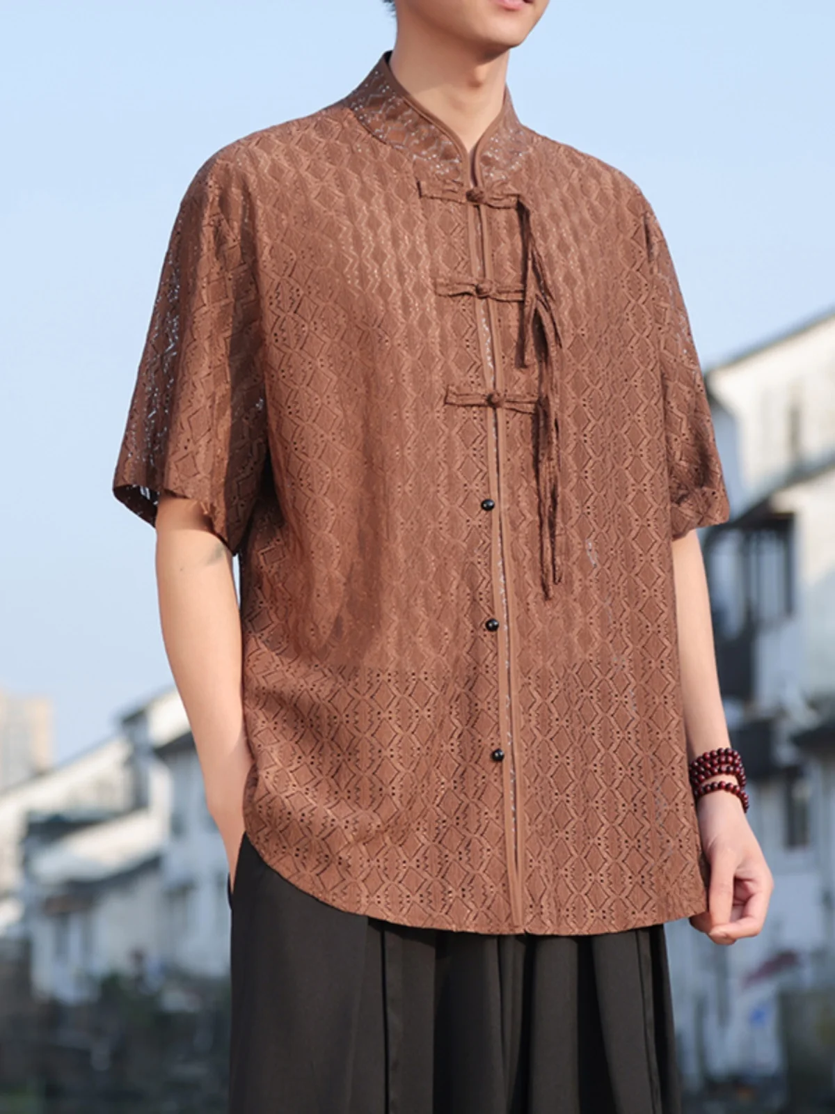 

New Chinese Sle Ice Silk ort Sve Men's irt Summer Loose Fit Hanfu Outerwear Thin Breathable Youth Faion