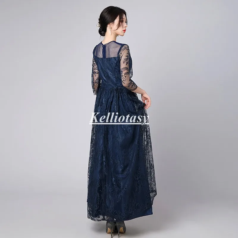 Plus Size Mother Of The Bridal Dresses Navy Blue Quarter Sleeves Long Formal Lace mother of the bridal dress for fall