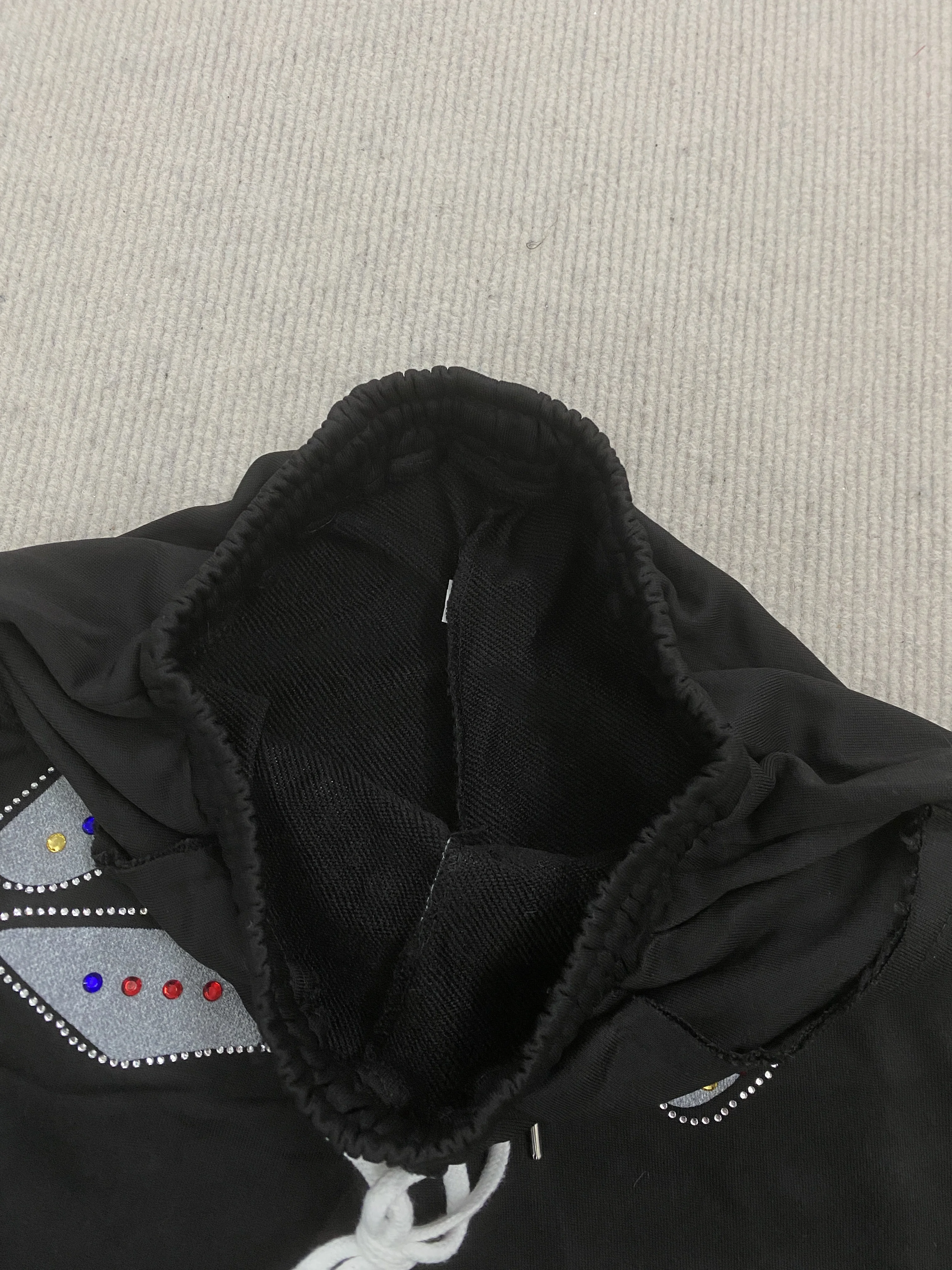 Y2K Streetwear Waist Drawstring Colorful Rhinestone Cursive Logo Dual Side Vertical Gem Strip Loose Straight Track Pants - view 4