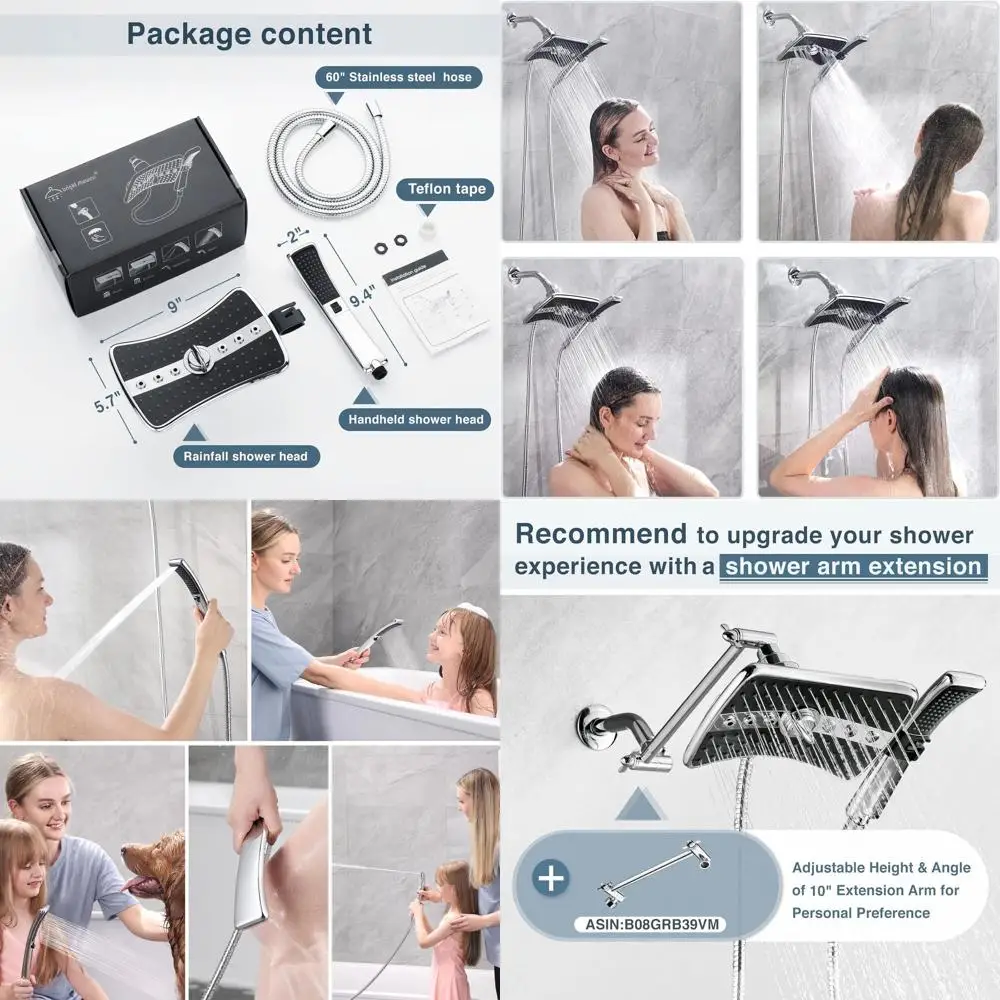 

Black Dual Shower System with Handheld and Rainfall, 60 Stainless Steel Hose, Chrome Finish