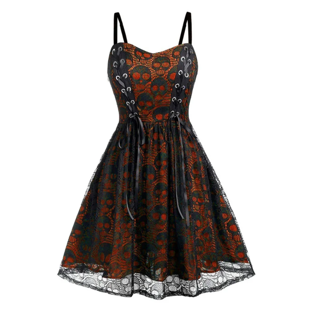 Punk Lace Spliced Skulls Dresses Fashion Sleeveless Sling Mini Dress For Women Gothic Sexy Dress Streetwear New Vestido De Festa