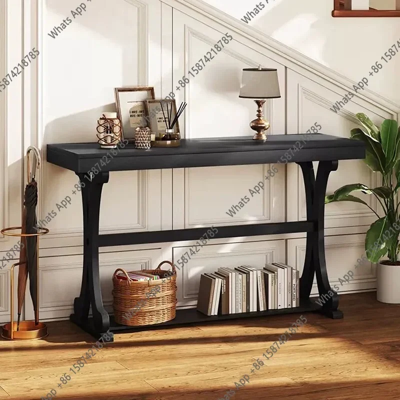 X25 French Retro Black Solid Wood Entrance Table French Medieval Long Strip Storage Entrance Table Corridor Sofa Back Few