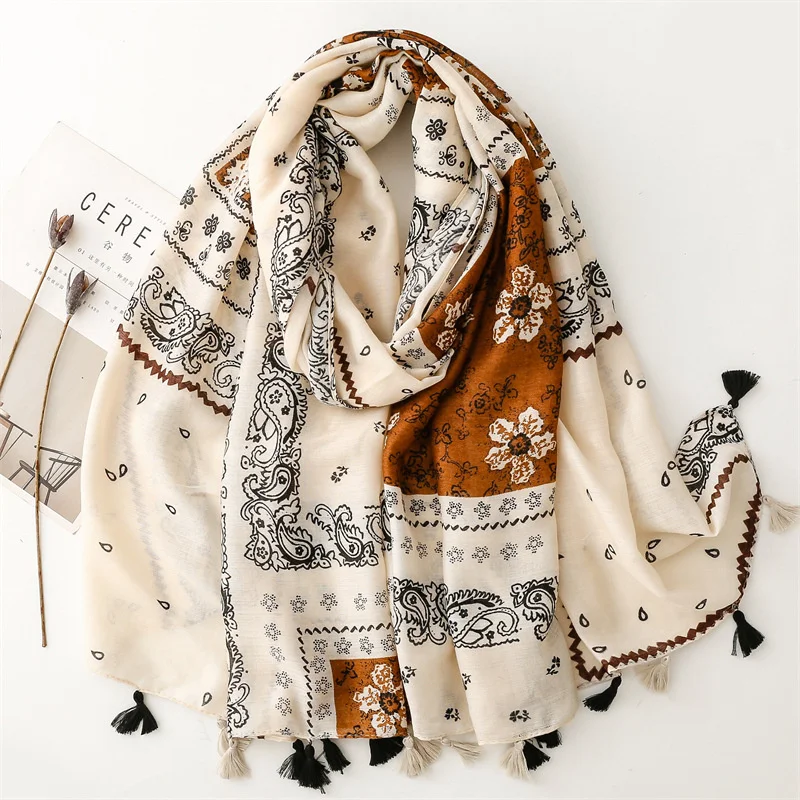 Paisley Floral Tassel Cotton Scarf Breathable Viscose Shawl Winter Casual Sunscreen Travel Scarves Women Muslim Hijab Sjaal