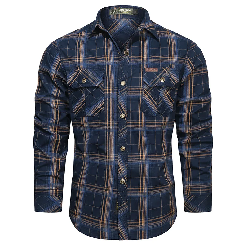Men\'s Autumn Plaid Striped Long-sleeved Shirts US Hot Sale Casual Button Down Quick Dry Cargo Outdoor Hiking Safari Work Shirts