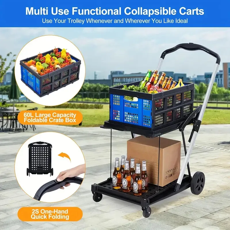 Multi-Use Foldable Collapsible Shopping Cart with Wheels, Removable Storage Crate and Portable Rolling Cart for Home, Groceries