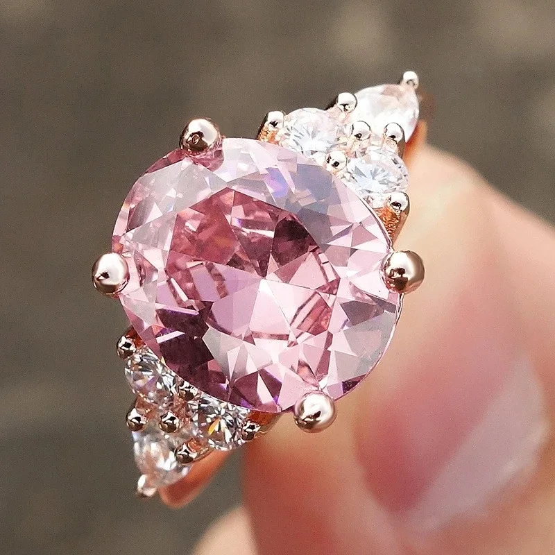 Elegant Pink Cubic Zircon Women Ring Princess Wedding Punk Band Rose Gold Color Female Finger Ring Engagement Party