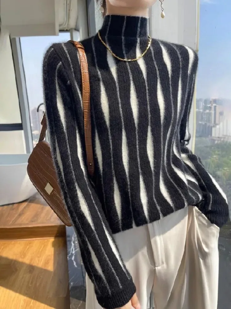 

Женские пуловеры с высоким воротником контрастного цвета, весна 2026, новая мода, облегающий вязаный тонкий свитер с длинными рукавами, топы 187562