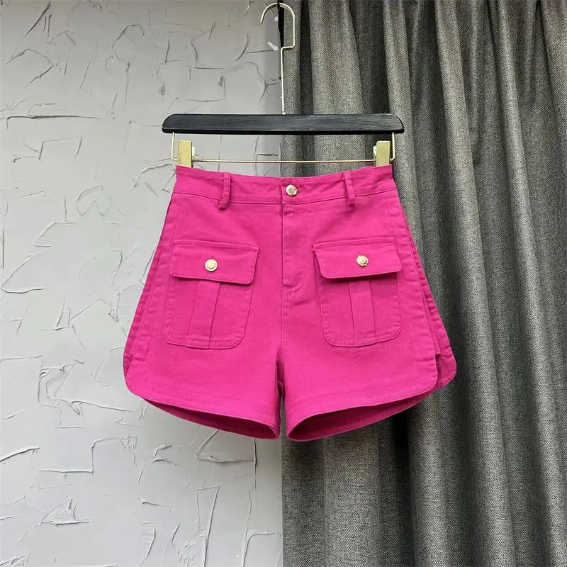 

Rose Red High Waist Denim orts Summer 2023 Faion Split T Casual Pants for Women Other Material 00%