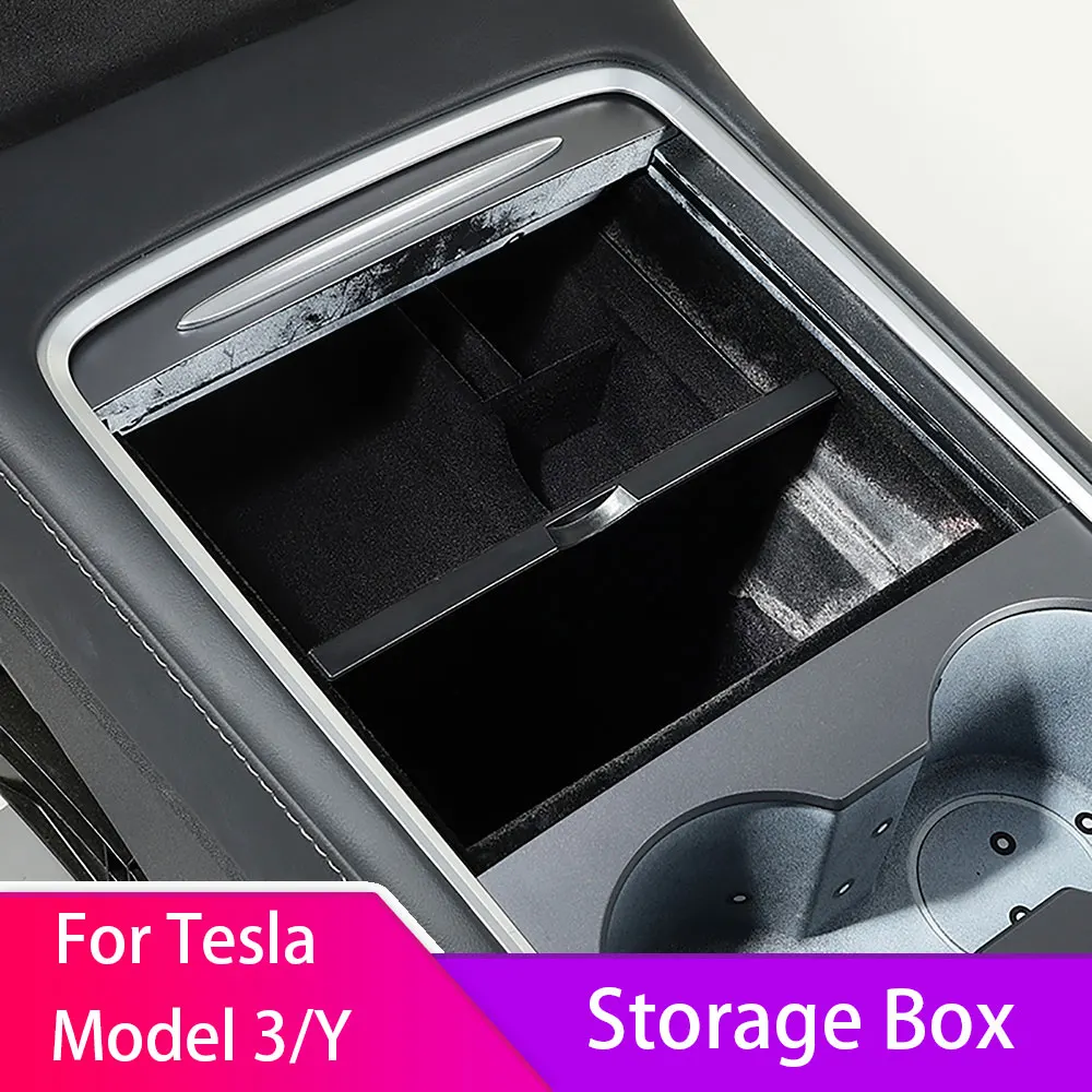 

Storage Box for Tesla Model 3 Y 21-23 Car Central Armrest Hidden Flocking/ABS Storage Box Organizer Model 3 2021 Accessories