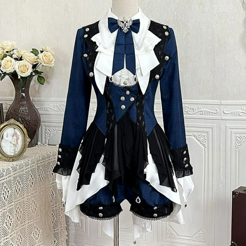 Medieval Lolita Prince Outfit Set Women Vintage Long Sleeves Jacquard Jacket Bow White Shirt Dress Mini Shorts Cosplay Clothing