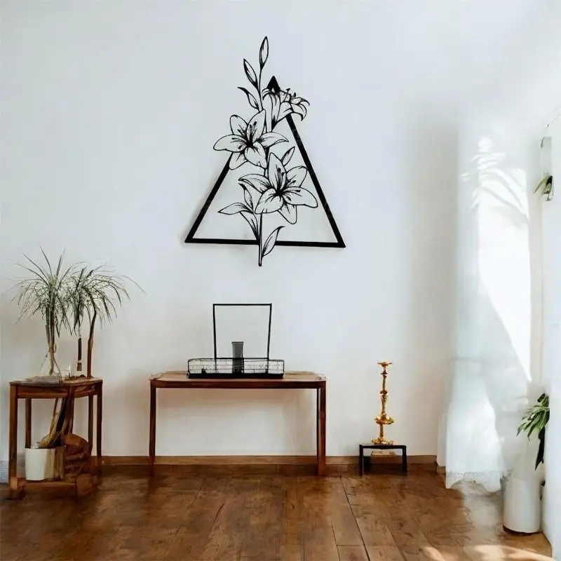 CIFbuy Black Iron Wall Art Lily Flower Metal Painting Triangular Frame Vintage Decorative Wrought Iron Home Decoration