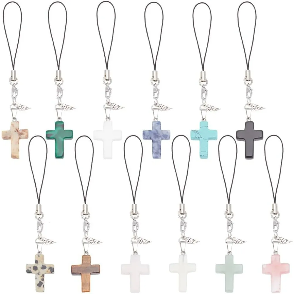 12pcs Cross Phone Charms, Gemstone Hanging Pendants with Alloy Charms Mobile Phone Strap Lanyard Charms for Keychain Mobile