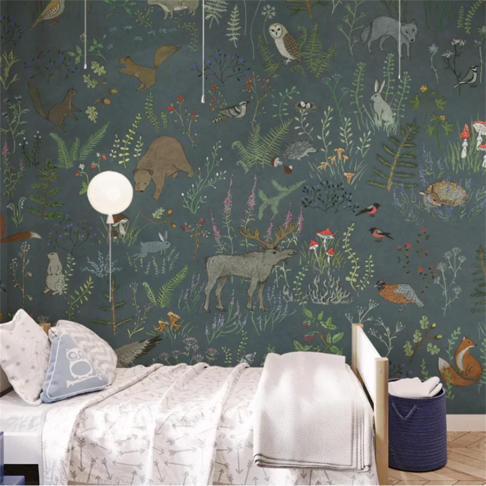 Customize any size wallpaper Vintage Forest Animals Cartoon murals in children\'s room Background Wallpaper Wall covering