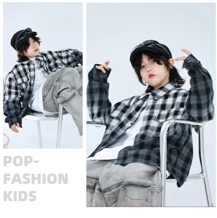 Plaid Long-sleeved Shirts Trendy Gradient Spring Autumn New Boys Children Fashionable Comfortable All-matching Loose Casual