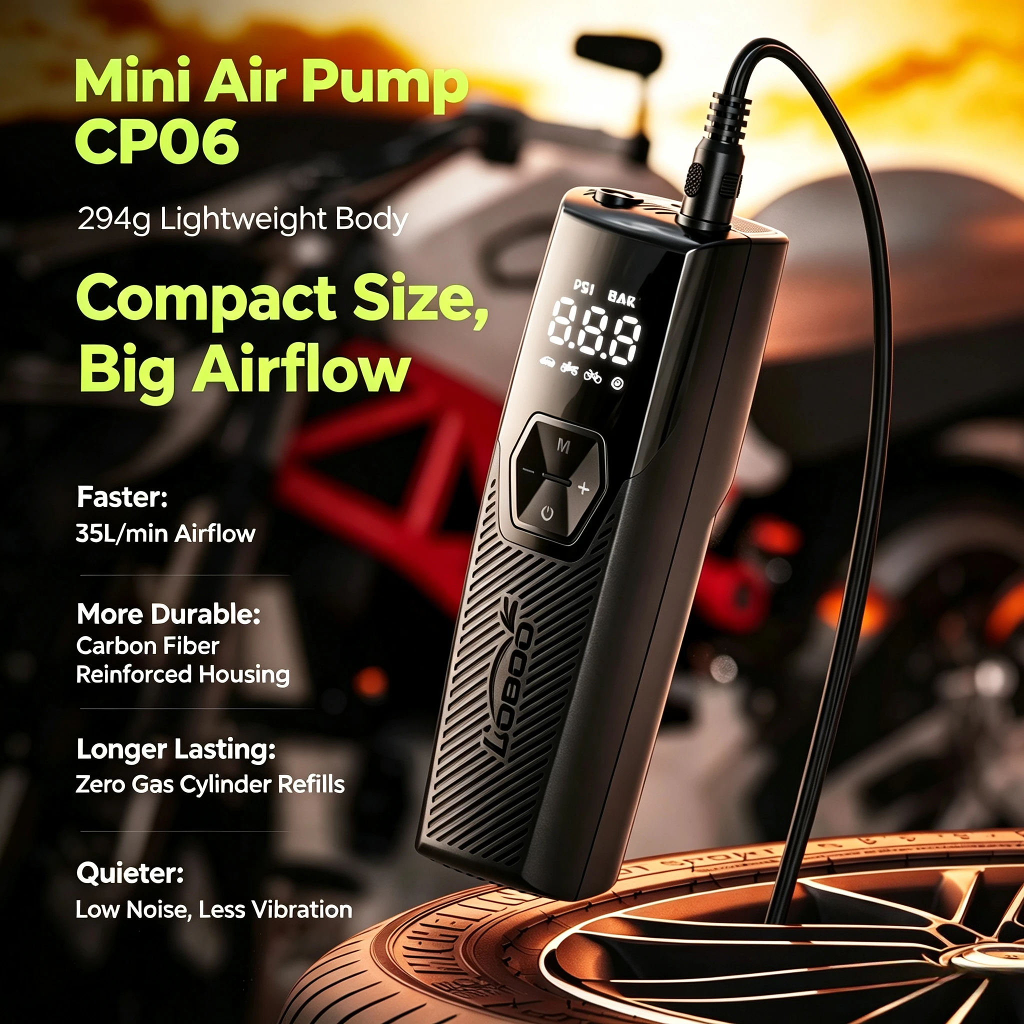 LOBOO Wireless Car Pump 22000RPM 35L/min Mini Portable Air Compressor for Motorcycles Bicycle Inflation Flow Rate Tire Repair