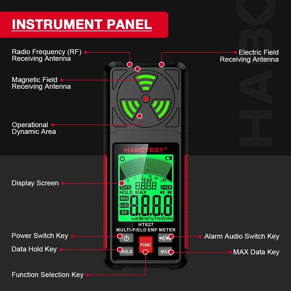 Portable HT627 EMF Meter Professional Electromagnetic Field Radiation Detector Handheld Portable Radio Frequency Warn Meter