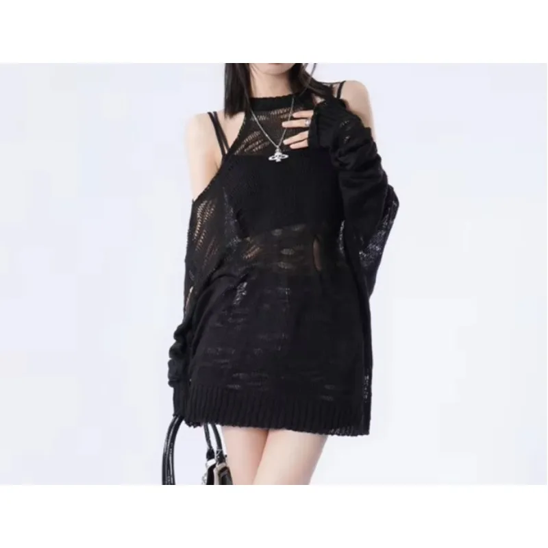 Black Loose Women Sweaters Y2k Clothing Aesthetic Hollow Out Thin Pullovers Summer Long Sleeve Fashion Kniited Tops Sexy