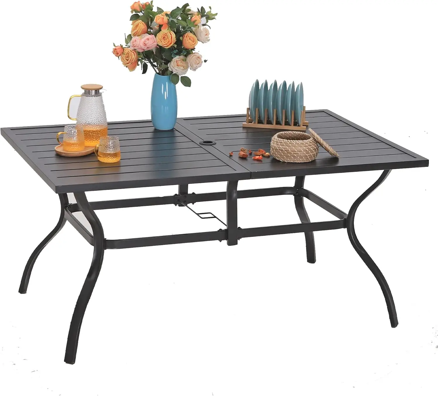 Sophia&William 6 people metal black steel plate outdoor dining table with 2-inch adjustable umbrella hole L60 * W38 * H28