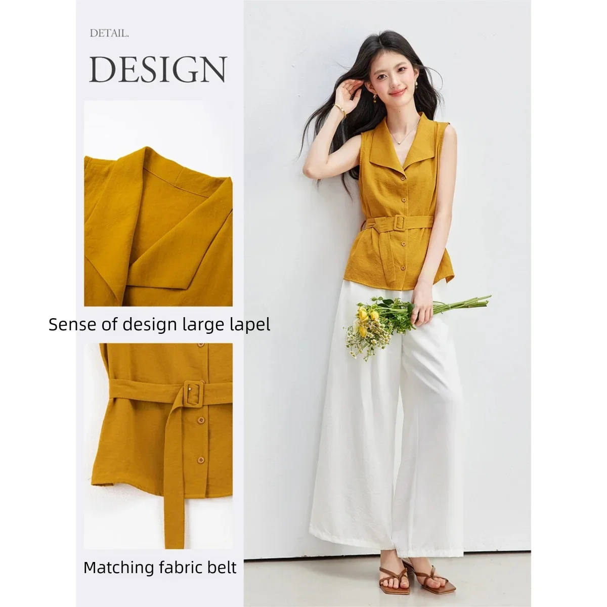 VIMLY Women Summer Commuter Suit 2026 New Sleeveless Shirt White Nine-point Wide-leg Pants 2 Piece Set Office Lady 31016 - view 3