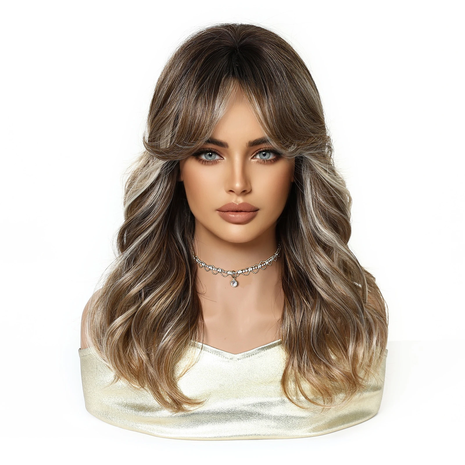 يسلط الضوء على شعر مستعار اصطناعي أشقر بني متوسط الطول شعر مستعار مموج مع غرة ثمانية أحرف للنساء شعر مستعار لوليتا اليومي #5