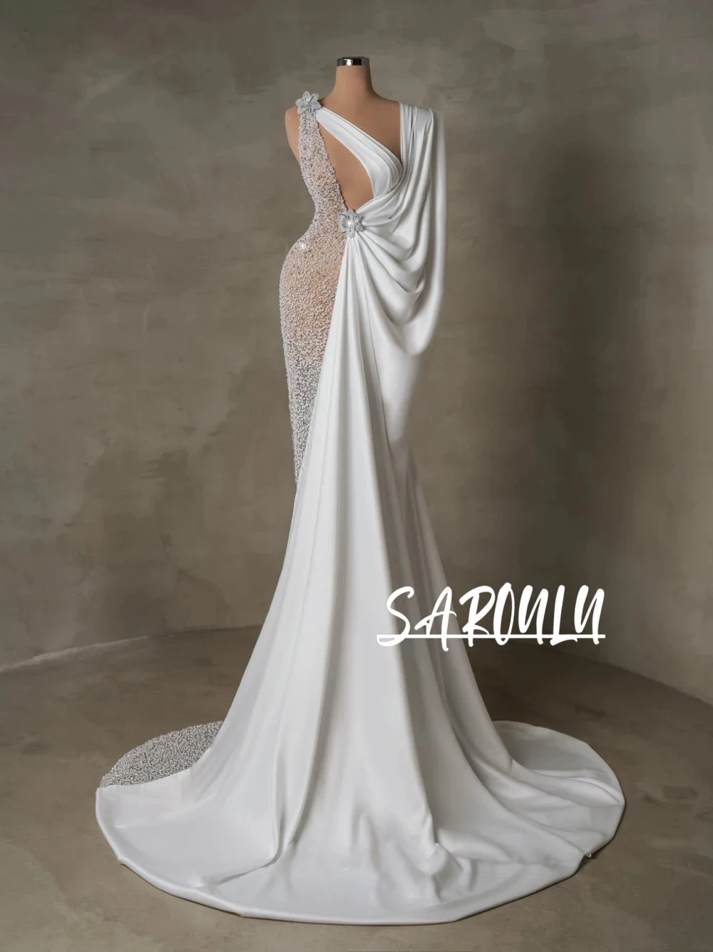 

Elegant Flowers Pearls Cut Out Wedding Dress Dainty One Shoulder Soft Satin Mermaid Customized Sexy Beaded Bridal Gown